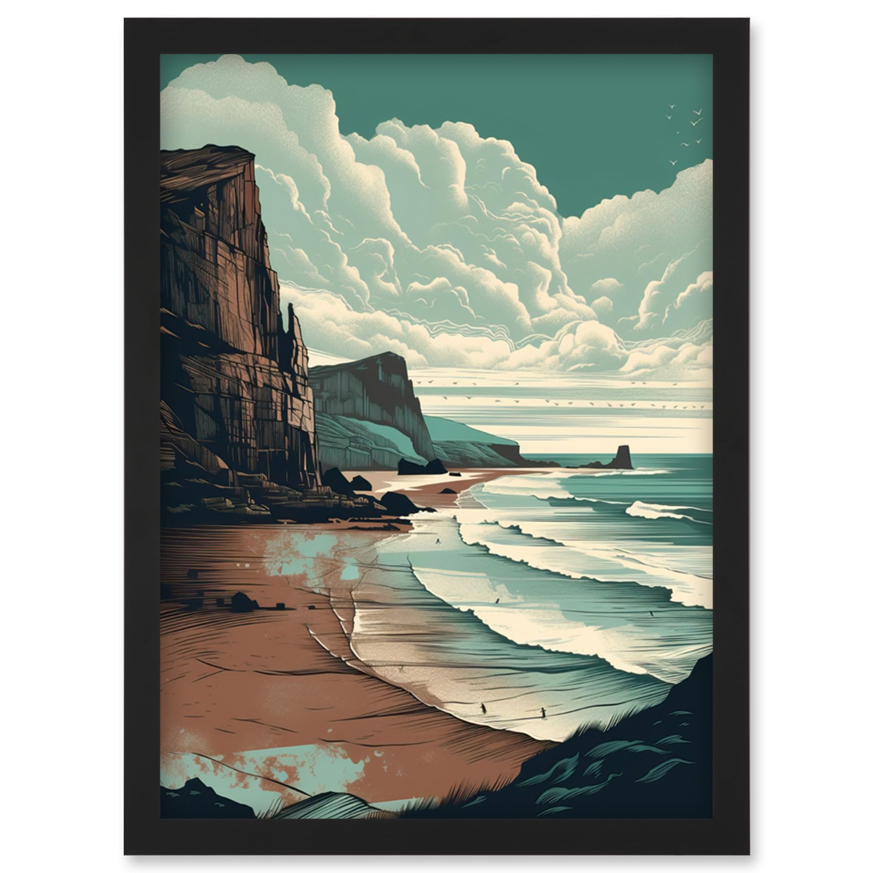 Artery8 Bay with Cliffs Dramatic Coastal Landscape Artwork Framed Wall Art Print A4