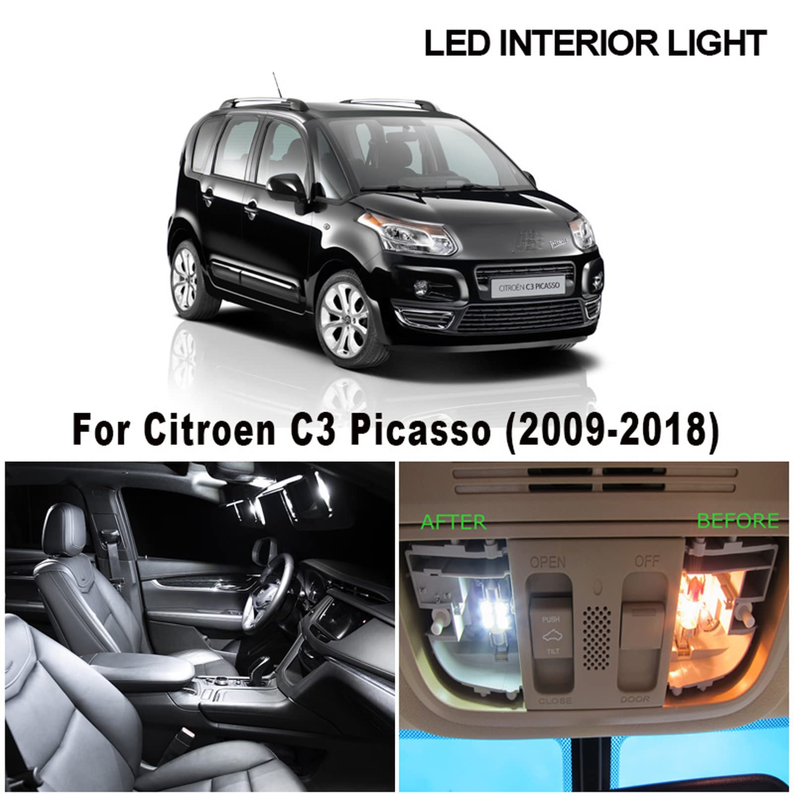 Kit de luz de Lectura de Domo de Mapa Interior de Bombillas LED Blancas sin Errores Canbus de 10 Piezas, para Citroen C3 Picasso 2009-2018, Accesorios de Coche