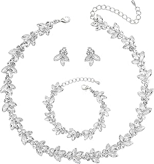 Bridal Wedding Crystal Leaf Choker Necklace Dangle Earring Bracelet Brid...