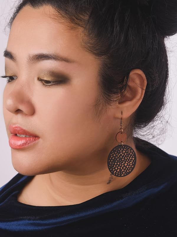 MINACHI Vintage Boho Black Leather Cut-Out Disc Dangle Drop Earrings with Wooden Accents, Bohemian Jewelry Gift for Women by MINACHI - Image 7