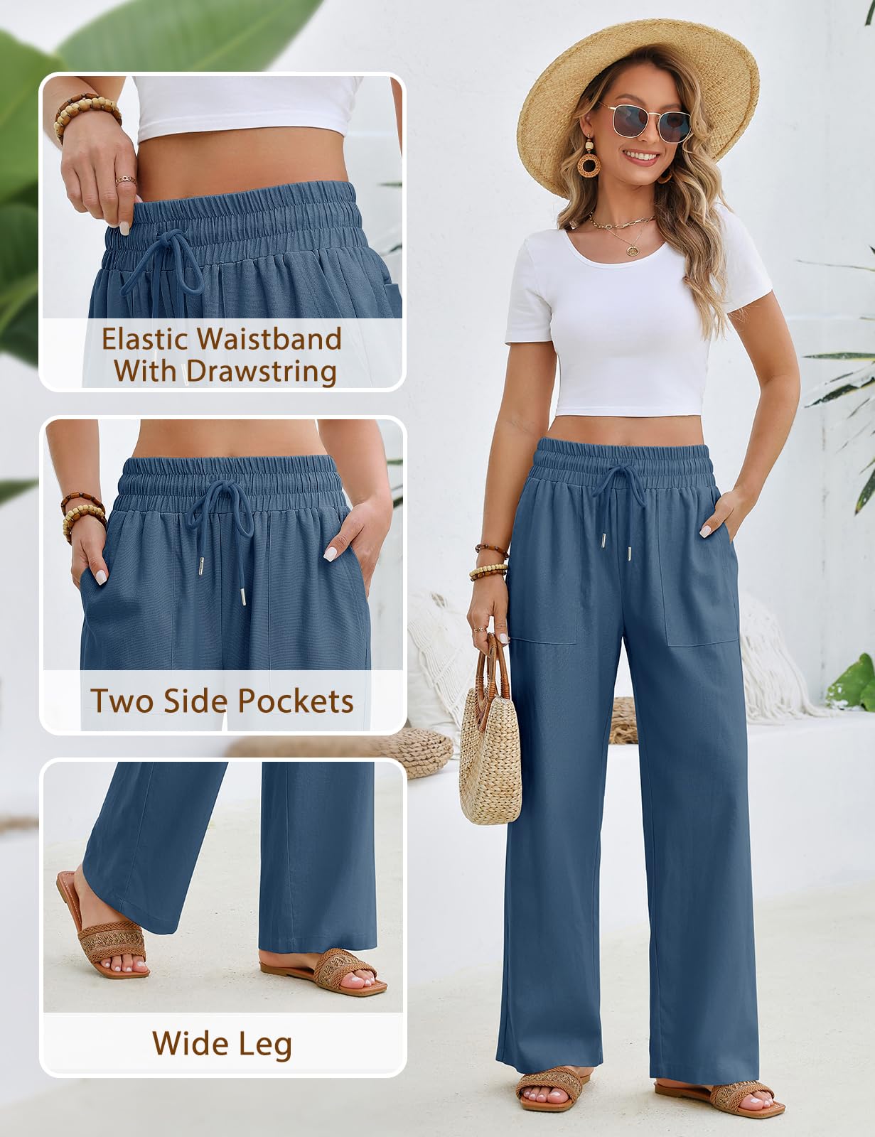 Pantaloni Lino Donna Estivi Pantaloni Larghi Leggeri Comodi Vita Alta Pantaloni Solido Sciolto Gamba Larga con Tasche