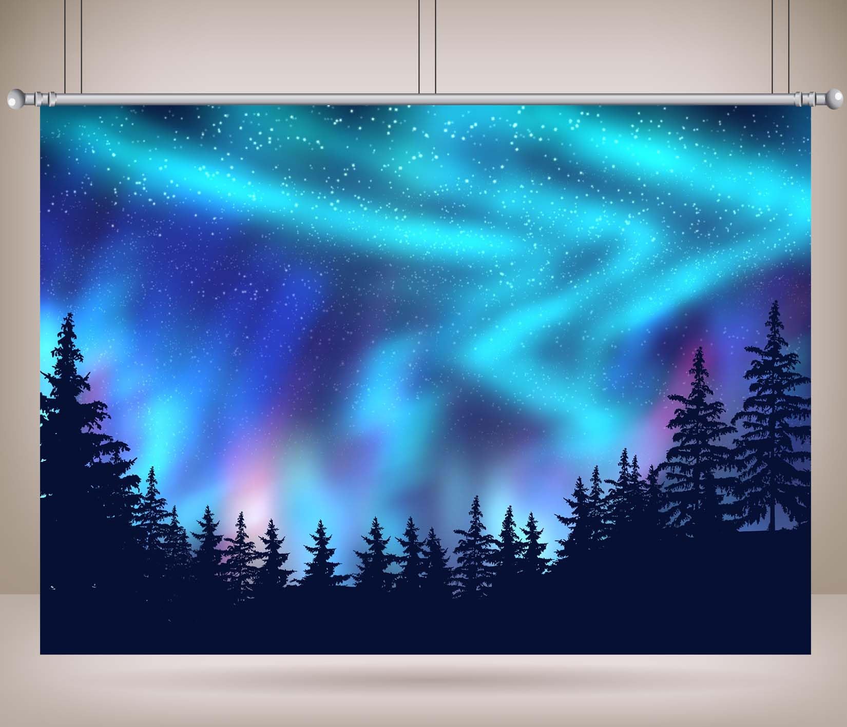 Stoff 4,6x3m (15x10FT) Nordlichter Kiefernwald Fotohintergrund Grün Blaue Aurora Nachthimmel Kulisse für Winterfeier Porträt Familie Erwachsene