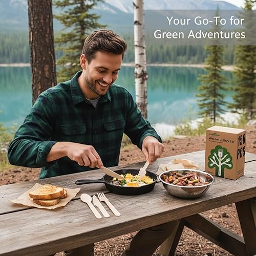 Miniatura 8 de Juego de cubiertos desechables de madera (150 unidades), alternativa al plástico, ecológico, biodegradable, compostable, juego de cubiertos  50