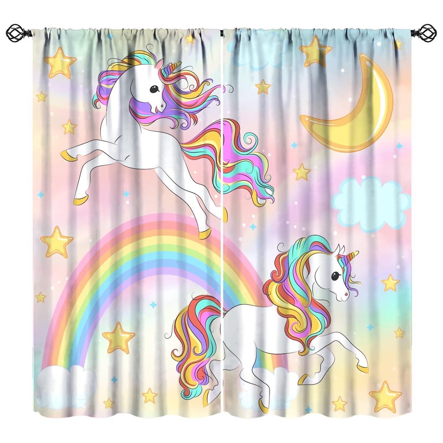 JESTRONRY Rainbow Unicorn Window Curtains for Kids, Unicorn Cartoon Star Cloud Colorful Background Window Treatments Drapes for Girls Boys Nursery Bedroom Living Room 42x54 Inch Decor