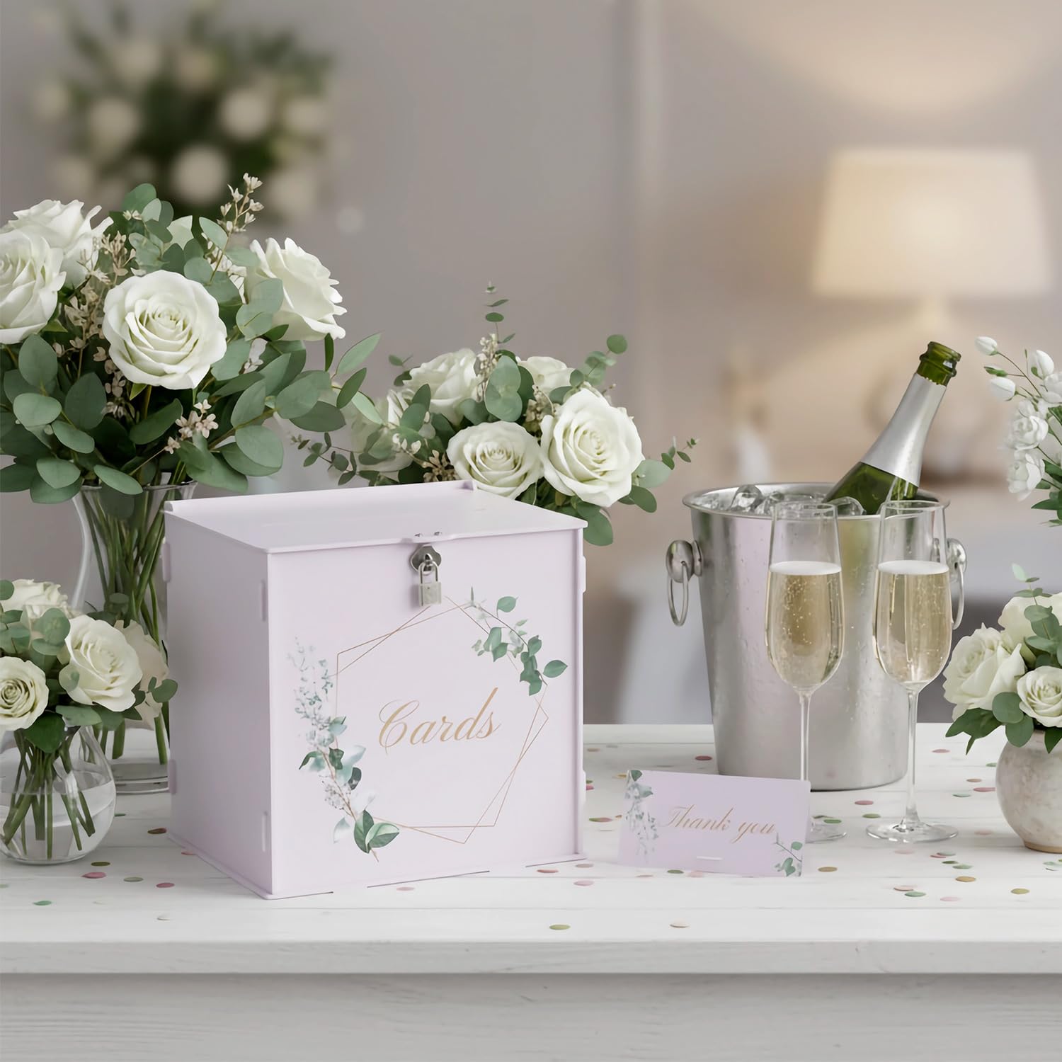 QWORK® 26 CM Scatola per inviti eleganti per matrimoni con lucchetto e biglietto di ringraziamento – Scatola regalo in PVC bianco per ricevimento di nozze e decorazioni per feste