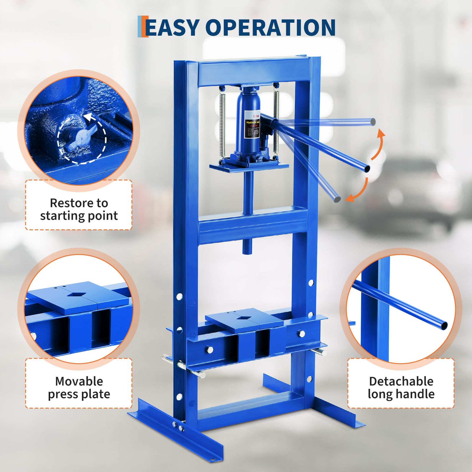 Prensa Hidráulica de Taller 6T, Prensa de Bastidor H Autoportante con Placas Ajustables para Taller, Garaje y Reparación Industrial, Azul