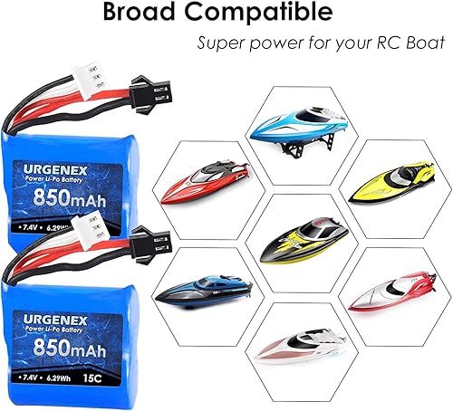 Miniatura 5 de URGENEX 7.4V Lipo Batería 850mAh 2S RC Barco Batería con SM 2P Plug 6.29Wh H100 Baterías para Skytech H100 H102 RC Barcos