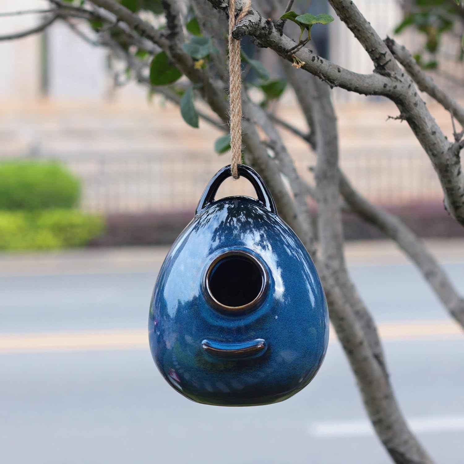 Kimdio Birdhouse Ceramic Hanging Birdhouses Bird Hut Hanging Outdoor Birdhouse for Wild Birds, Finch, Cardinal, and Bluebird - Blue