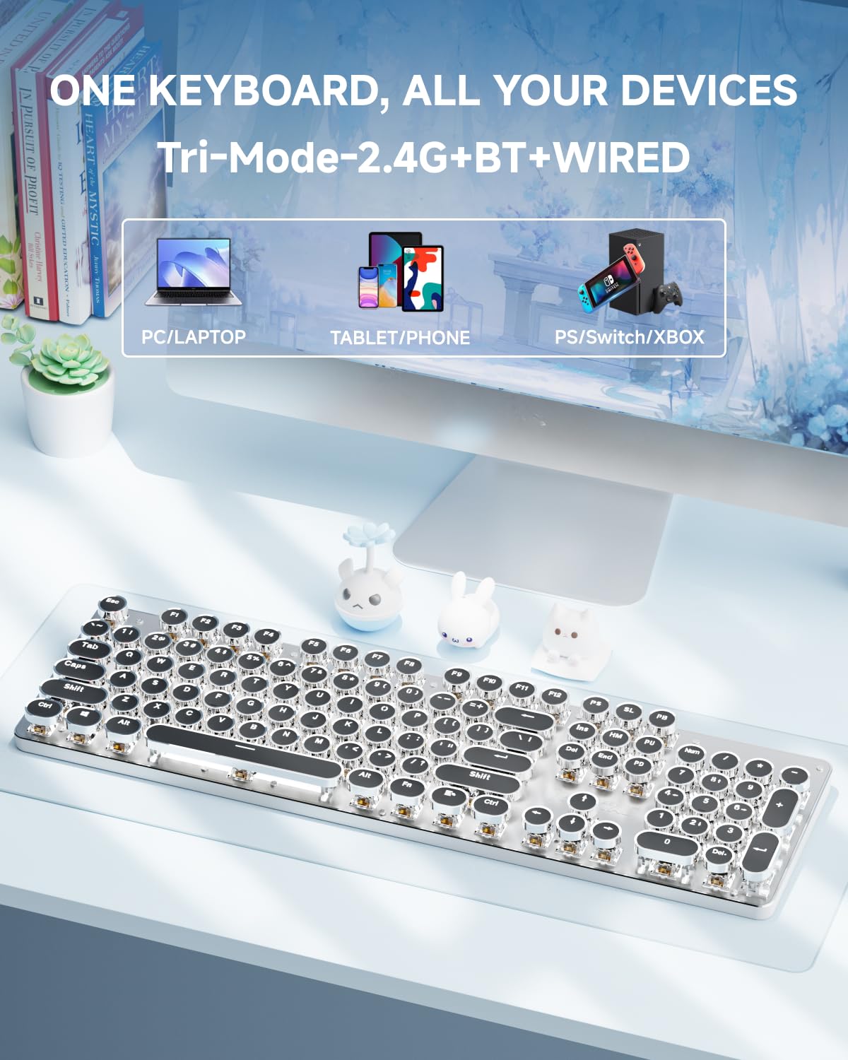 EWEADN TK950 bezprzewodowa mechaniczna klawiatura do pisania, estetyczna klawiatura z 104 klawiszami z białym podświetleniem, antyduchowa, niebieski przełącznik Bluetooth/2,4 GHz/przewodowa klawiatura
