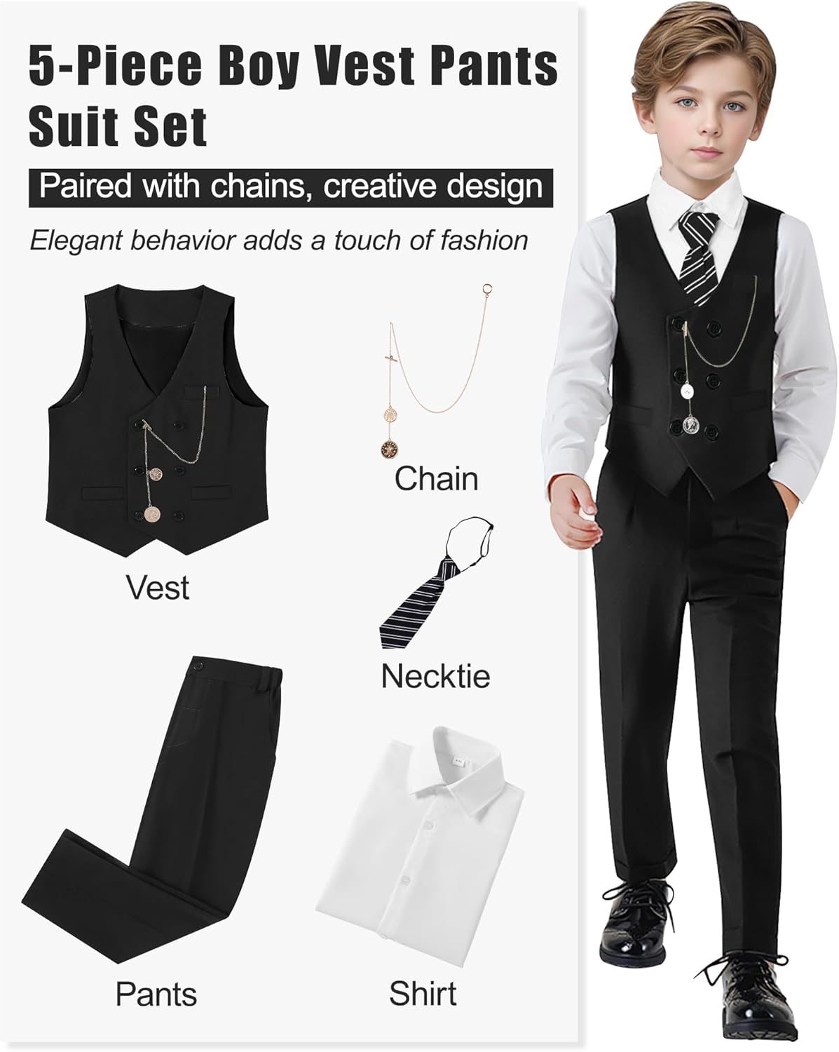 ZOEREA Boys Suit Formal Dress Clothes Big Boy Wedding Outfit Vest+Pants+Dress Shirt+Chain+Adjustable Tie 6-10Y - Image 3