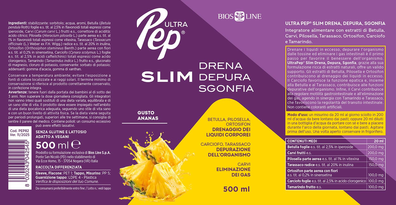 BIOS LINE - Ultra Pep Slim Integratore Alimentare Drenante e Depurativo con Estratti Naturali di Betulla Carvi Pilosella Tarassaco Ortosifon Carciofo Tamarindo Gusto Ananas 500ml