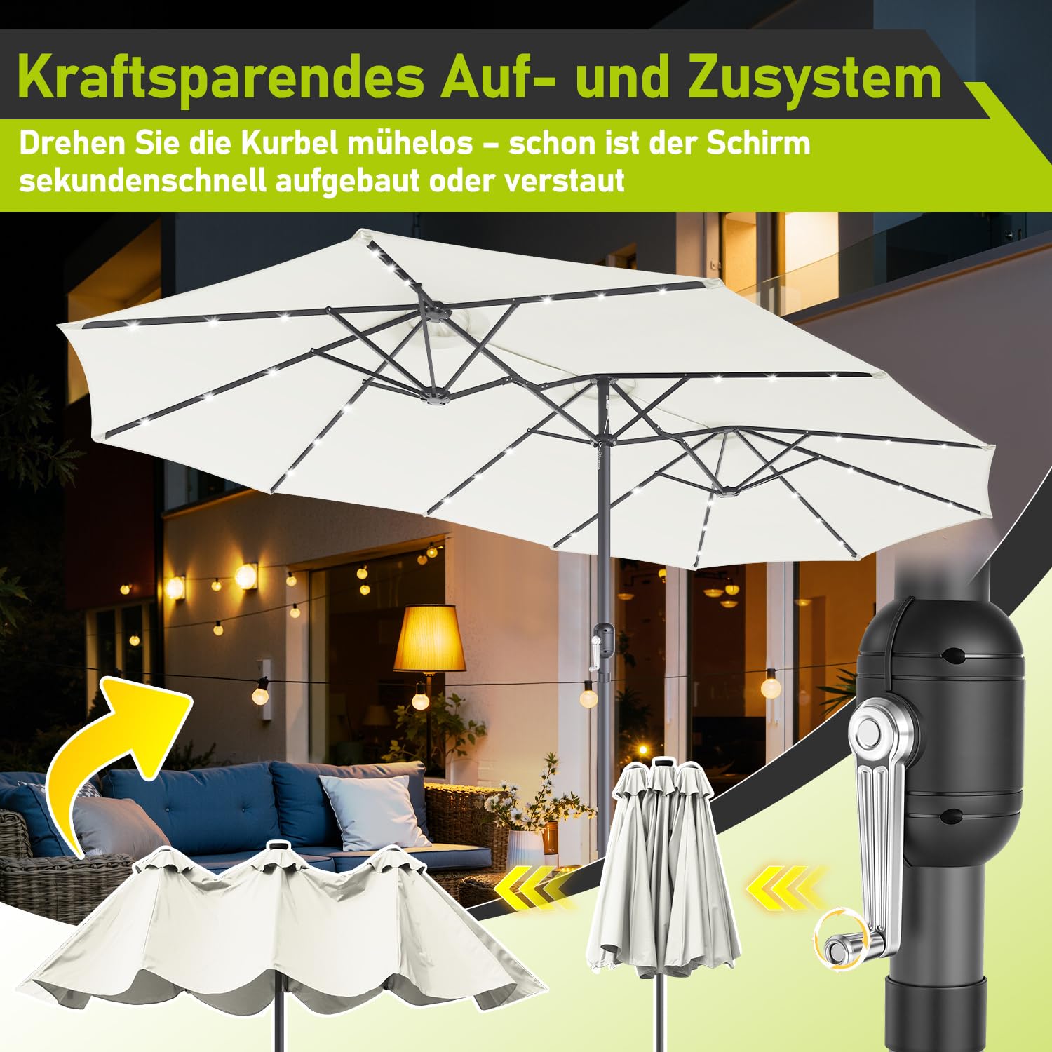 sonnenschirm,Balkonschirm,Gartenschirm mit Kurbel,ohne Ständer,UV Schutz 50+,windfest Kurbelschirm Sonnenschutz für Balkon Garten,Anthrazit,Beige