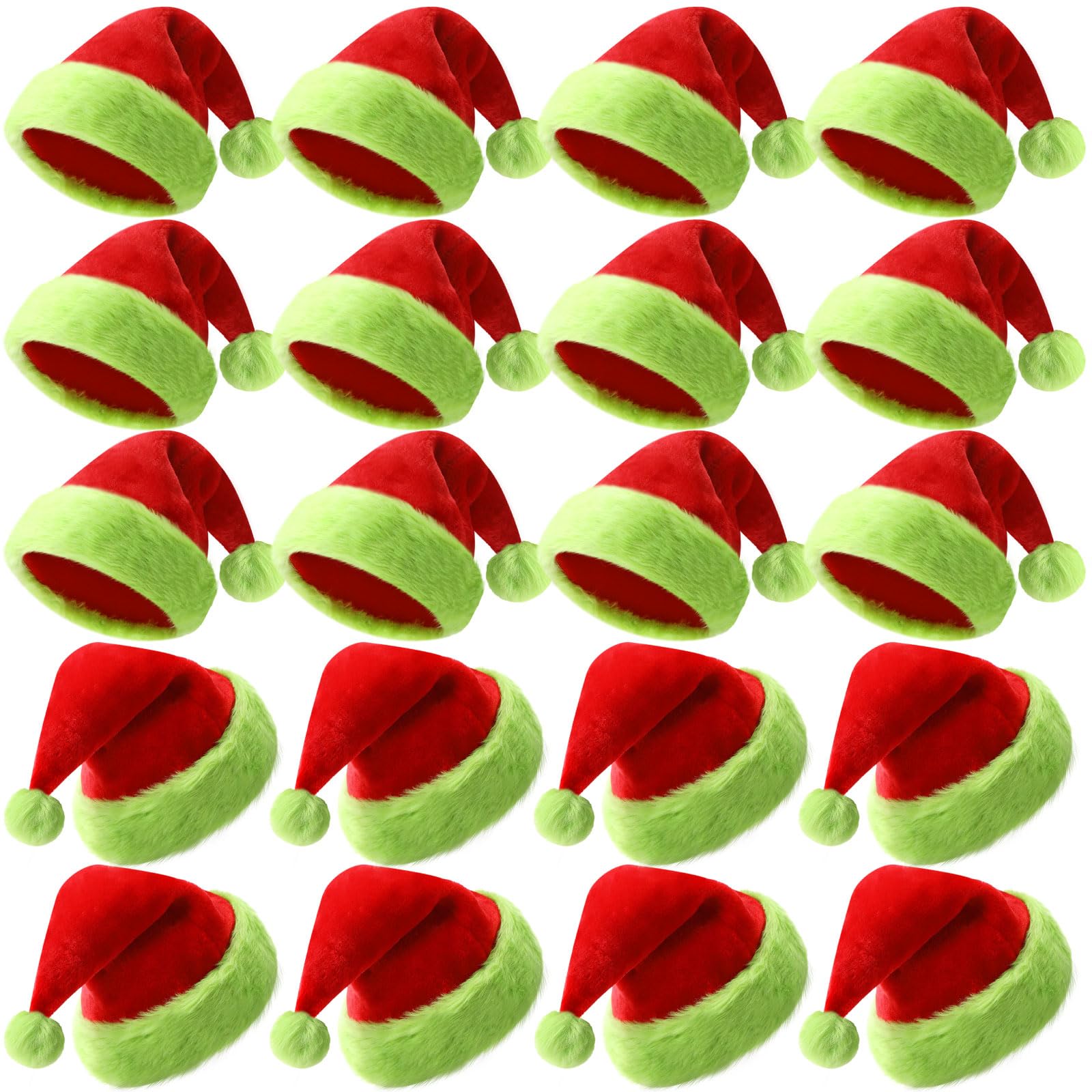 Vicenpal 20 Pcs Santa Hats Bulk for Adults, Red Fluorescent Green, Classic