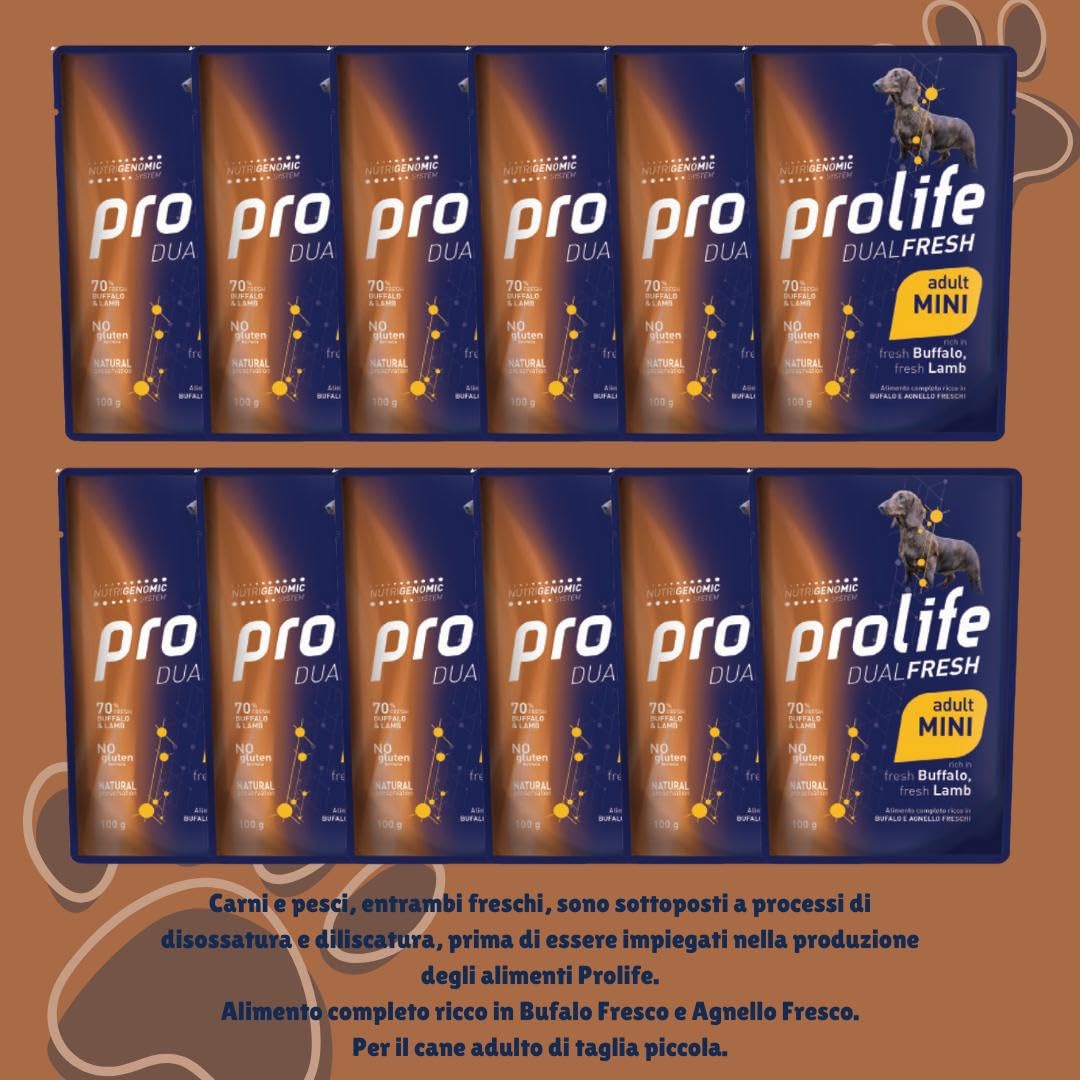 Prolife Umido Cane Dualfresh Adult Bufalo e Agnello, alimento completo per cani adulti di tutte le taglie,gusto Bufalo e Agnello | 12 bustine da 100 grammi l’una.