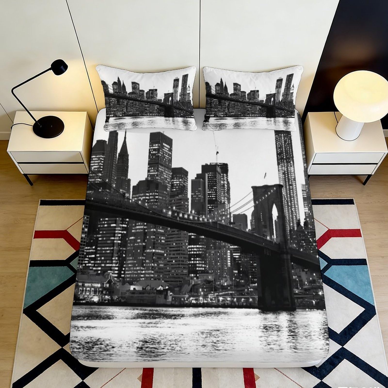 3D Printed New York City Skyline Fitted Sheet Microfiber Soft Urban Bridge Bed Cover for Bedroom Guest Room Decor 160x200x25cm