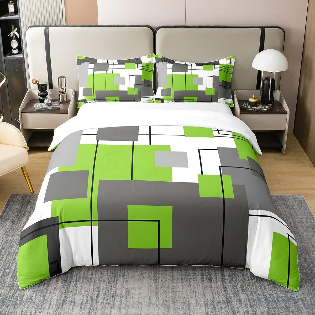100% Cotton Lime Green Gray Geometric Bedding Set Double Black Grey White Square Duvet Cover for Kids Boys Girls Abstract Striped Comforter Cover Simple Lines Modern Bed Set 2 Pillow Cases