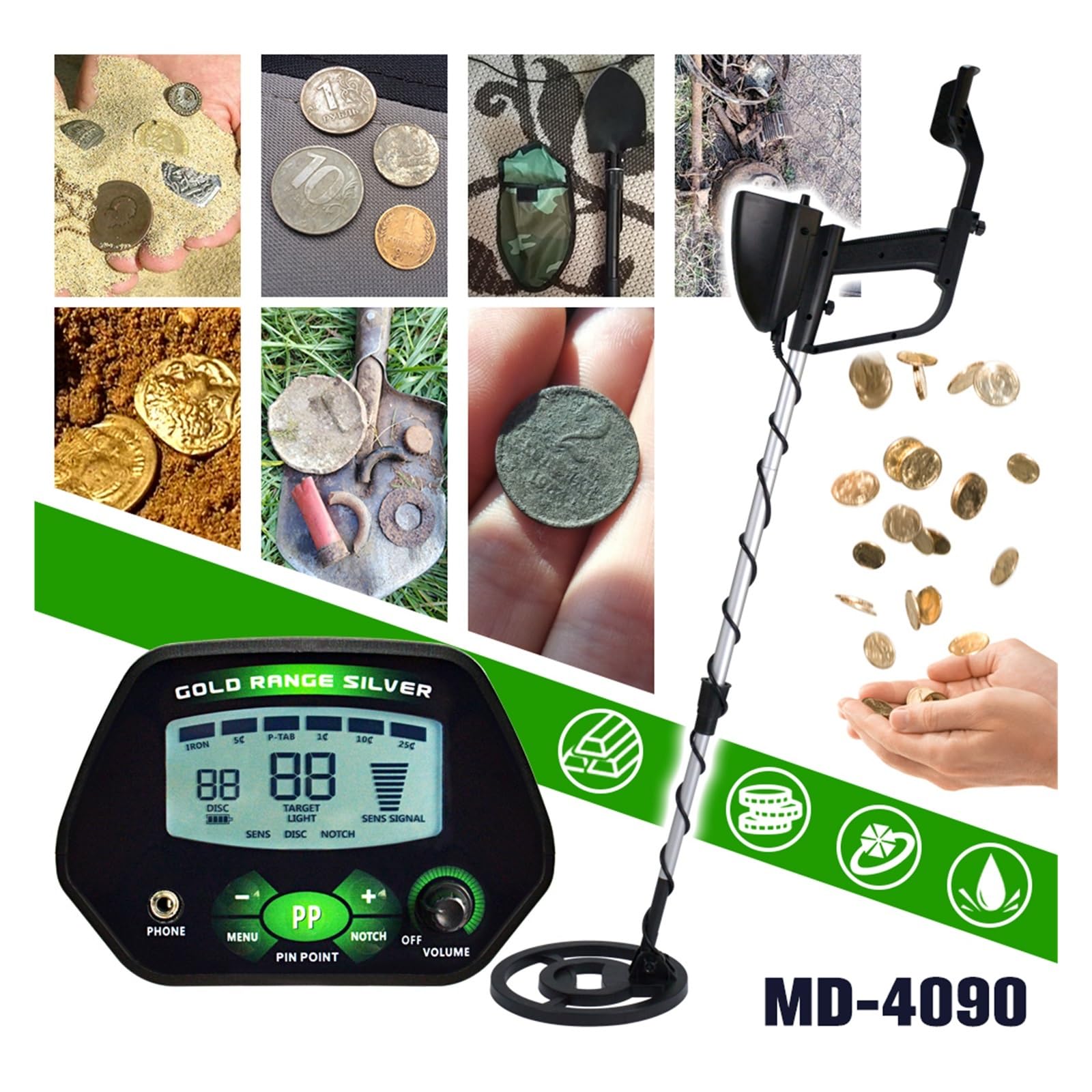 Wykrywacz metalu, Wysoka dokładność Profesjonalny MD-4090 Podziemny wykrywacz metali Wykrywacz LCD z funkcją pamięci Regulacja podświetlenia(MD-4090)