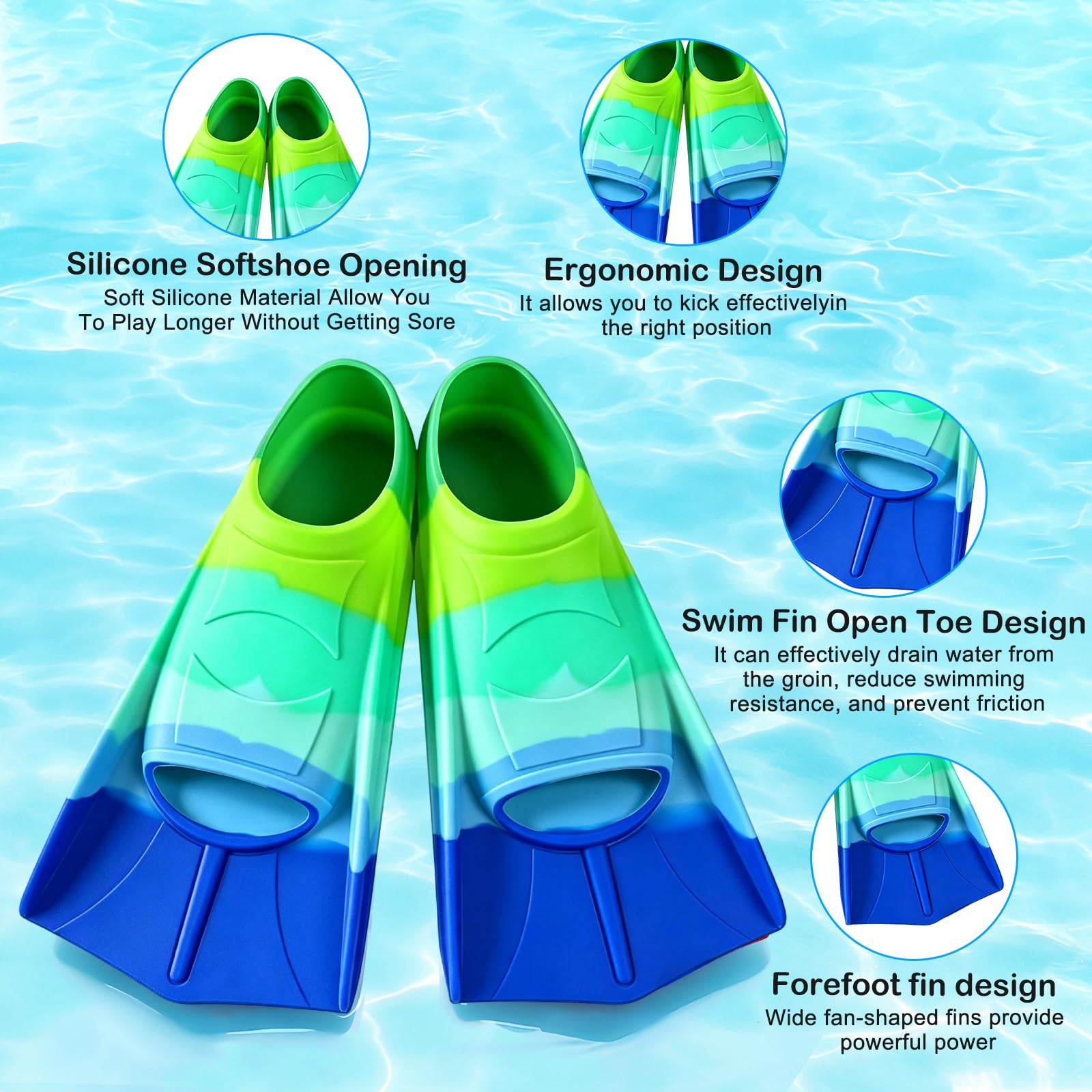 Aletas de natación para niños, 100% silicona, aletas cortas, aletas cortas para niños, aletas cortas para entrenamiento de natación, entrenamiento en aguas abiertas, esnórquel, buceo para