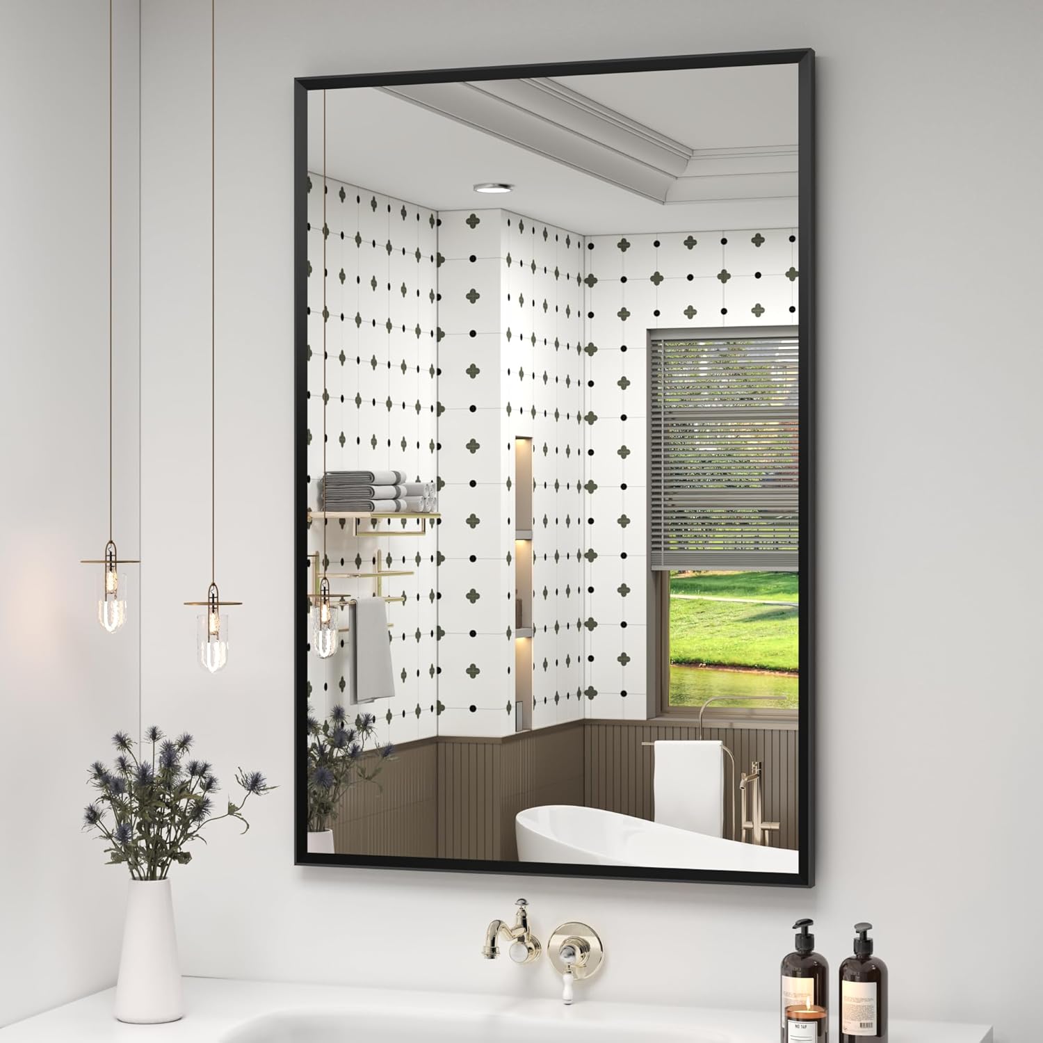 40" x 36" Matte Black Bathroom Mirror for Wall, Rectangular Beveled Vanity Mirror with Aluminum Alloy Frame, Right Angle Corner, HD Reflection, Horizontal or Vertical Mount