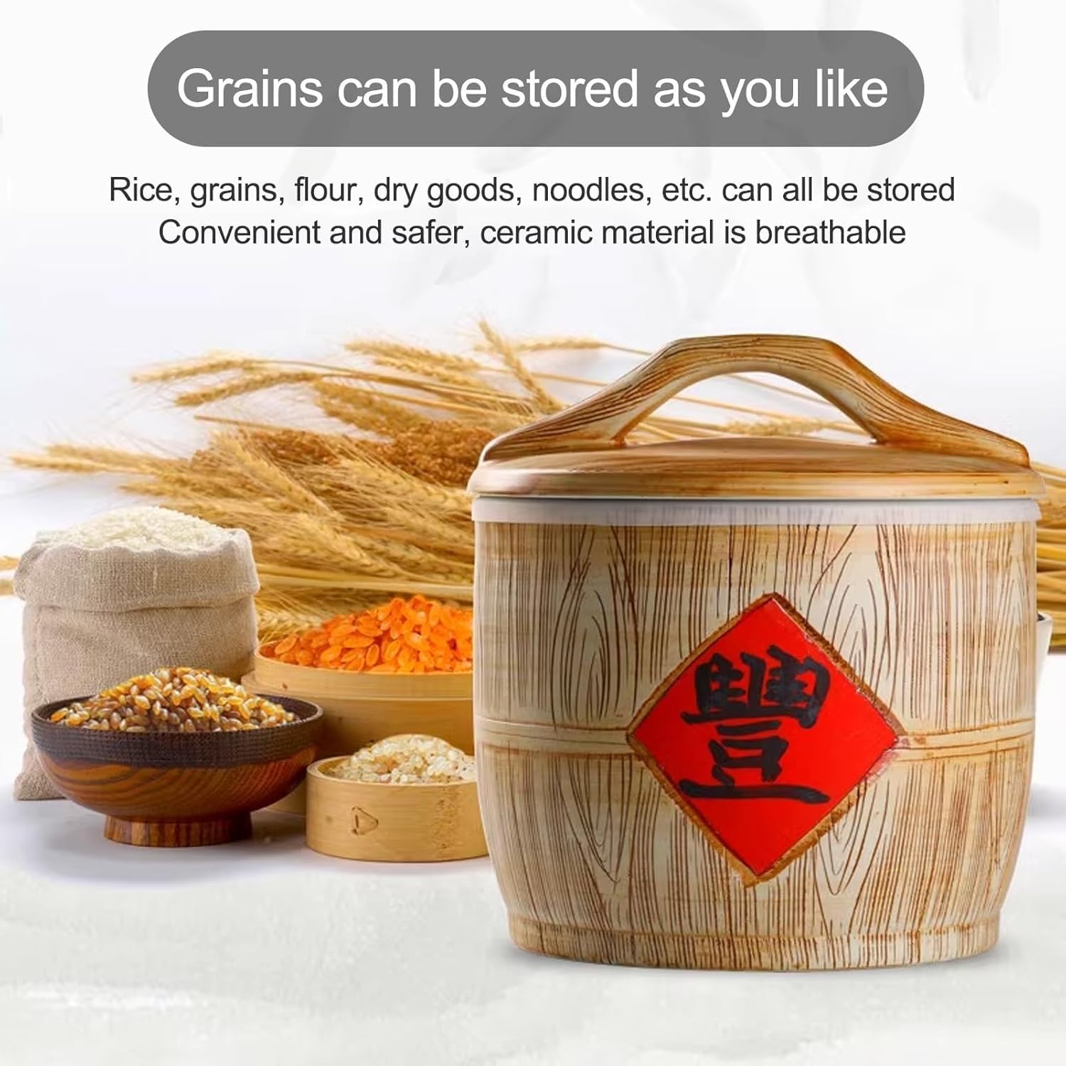Ceramic Rice Container Ceramic Rice Jar with Lid Ceramic Rice Bucket Food Storage Jar with Lid Ceramic Grain Dispenser for Grains Snacks Candy Food Dispenser(A,5kg)