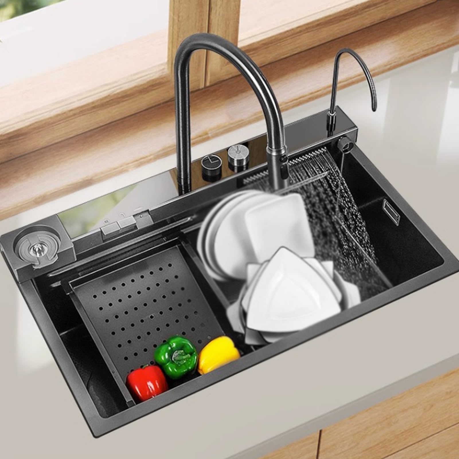 ZQFHSX Digital Display Dual Waterfall Outlet Kitchen Sink With LED Faucet- Spacious Workstation, Pull-Down Sprayer, Stainless Steel, Cup Washer Essential Accessories (Color : Black, Size 75x46cm