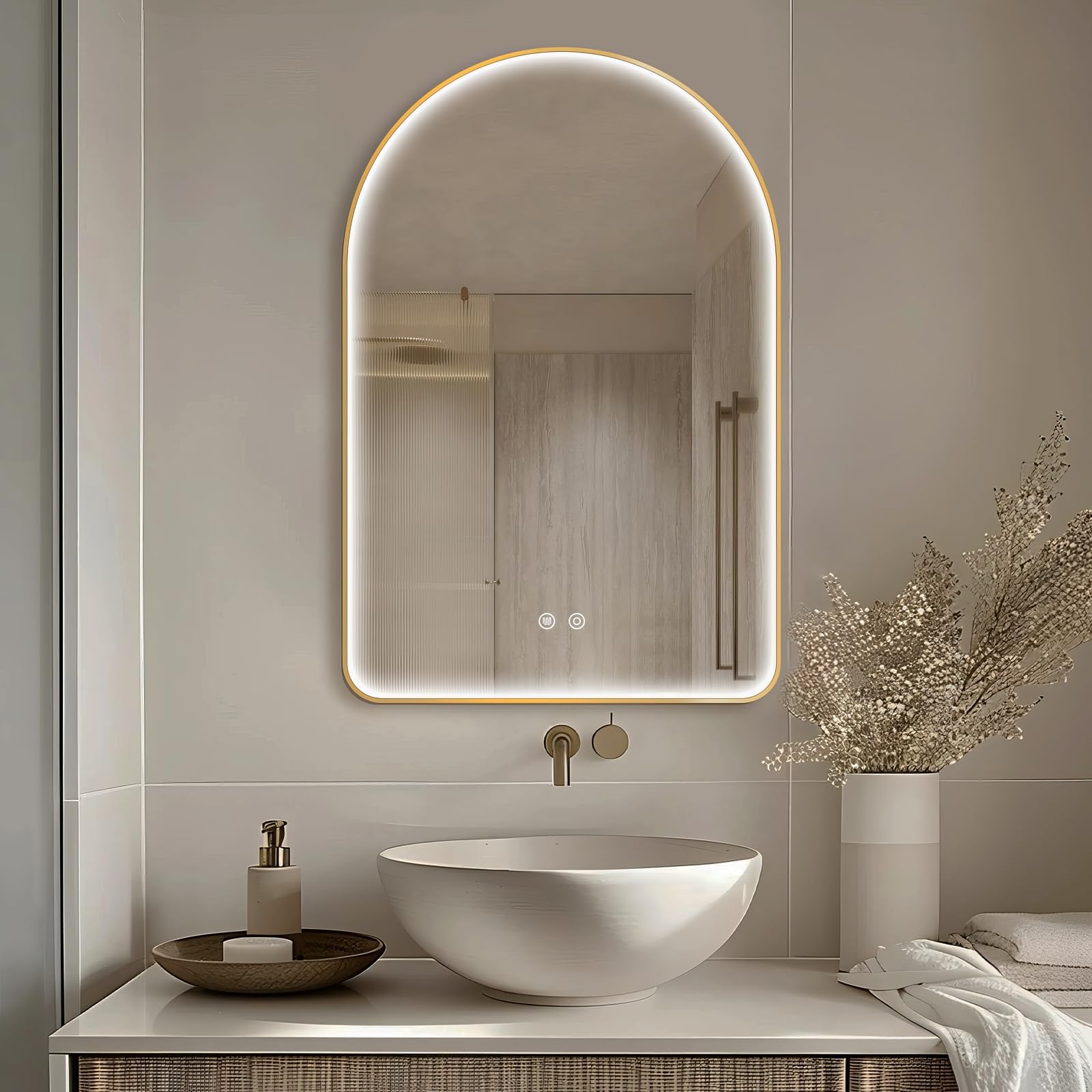 Photo 1 of Niccy Arched LED Bathroom Mirror, 48"x30" Gold Framed Arch Wall Lighted Mirrors, Arching Frontlit Vanity-Mirror with Memory Function for Bathroom Bedroom, Defogger and 3 Color, Explosion-Proof