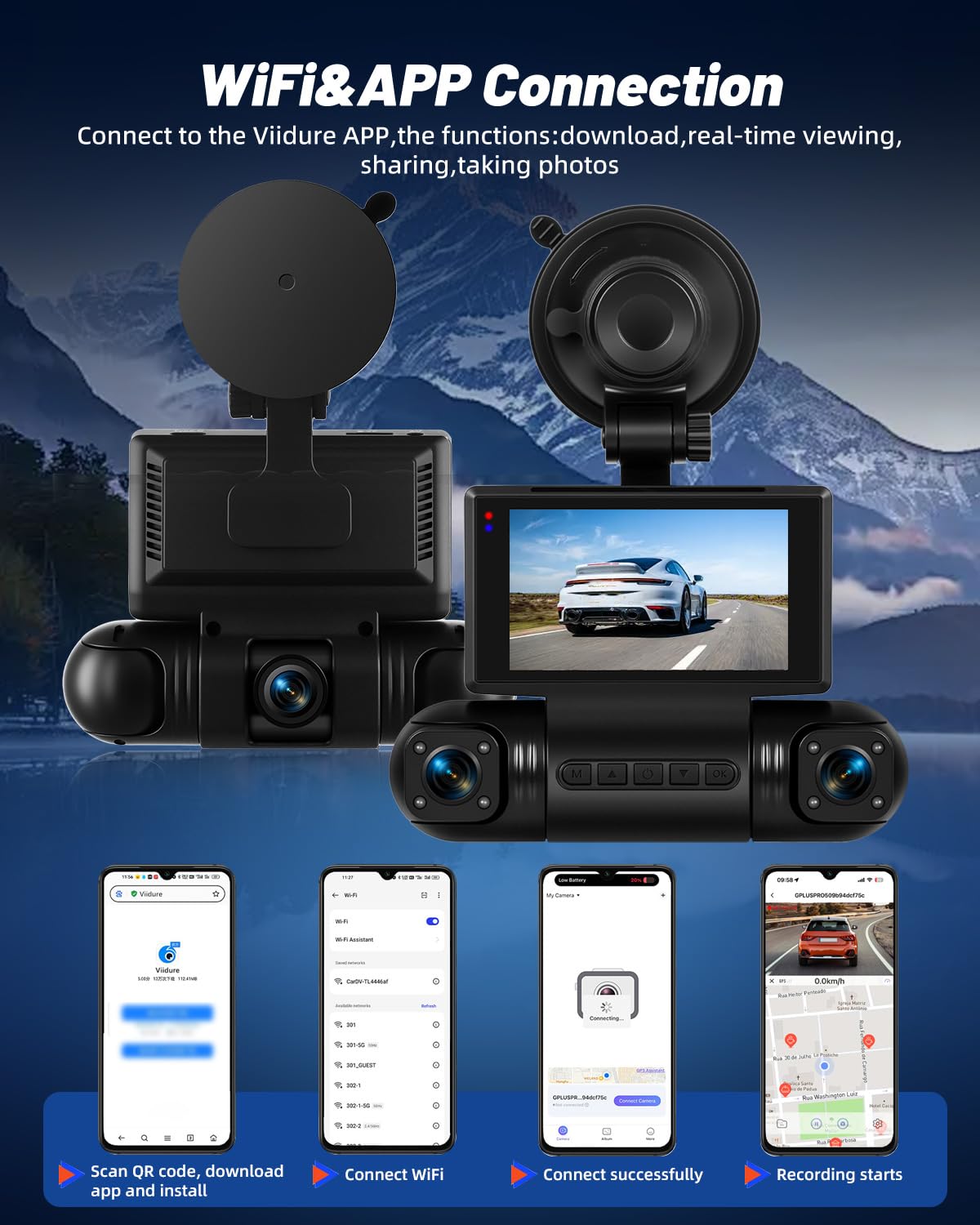 NHOPEEW 2K Dash Cam a 4 canali per auto – Videocamera WiFi per auto con tre telecamere 1080P, visione notturna, registrazione in loop, rilevamento del movimento con sensore G e controllo tramite app