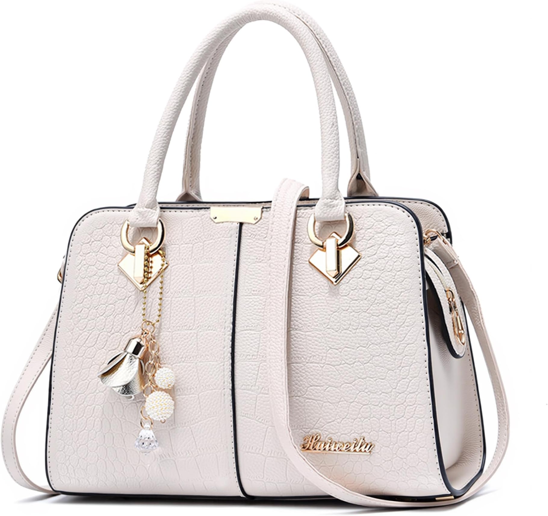 Handbags for Women Croc-Embossed PU Leather Top Handbag with Elegant Charm Pendant, Stylish Shoulder Bag with Detachable Strap for Work, Shopping and Everyday Use Creamy Pearl White