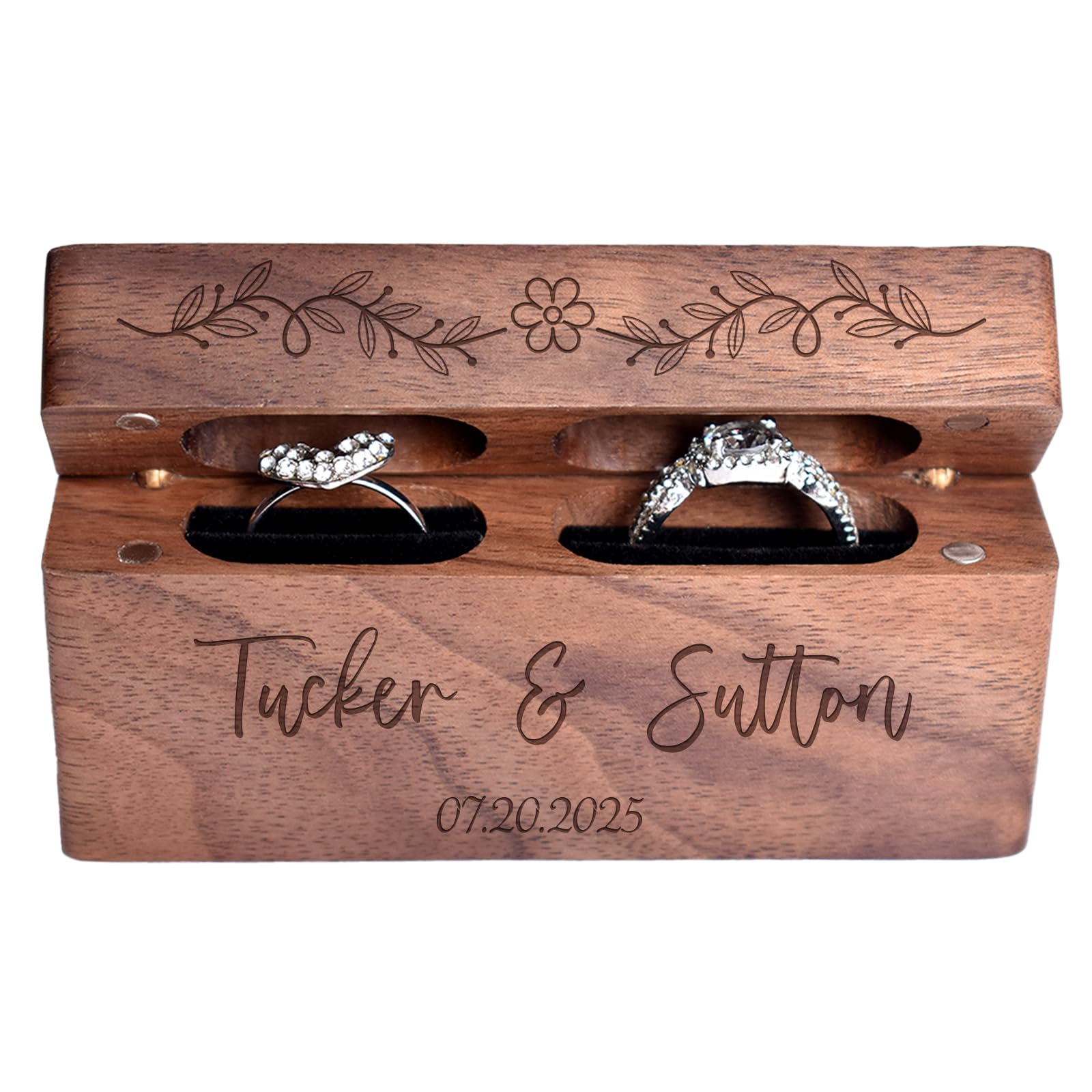 Boîte à Alliances En Bois Personnalisée, Boîte à Bague De Fiançailles, intérieur en velours,Boîte De Rangement En Noyer, cadeau de fiançailles, cadeau d'anniversaire.