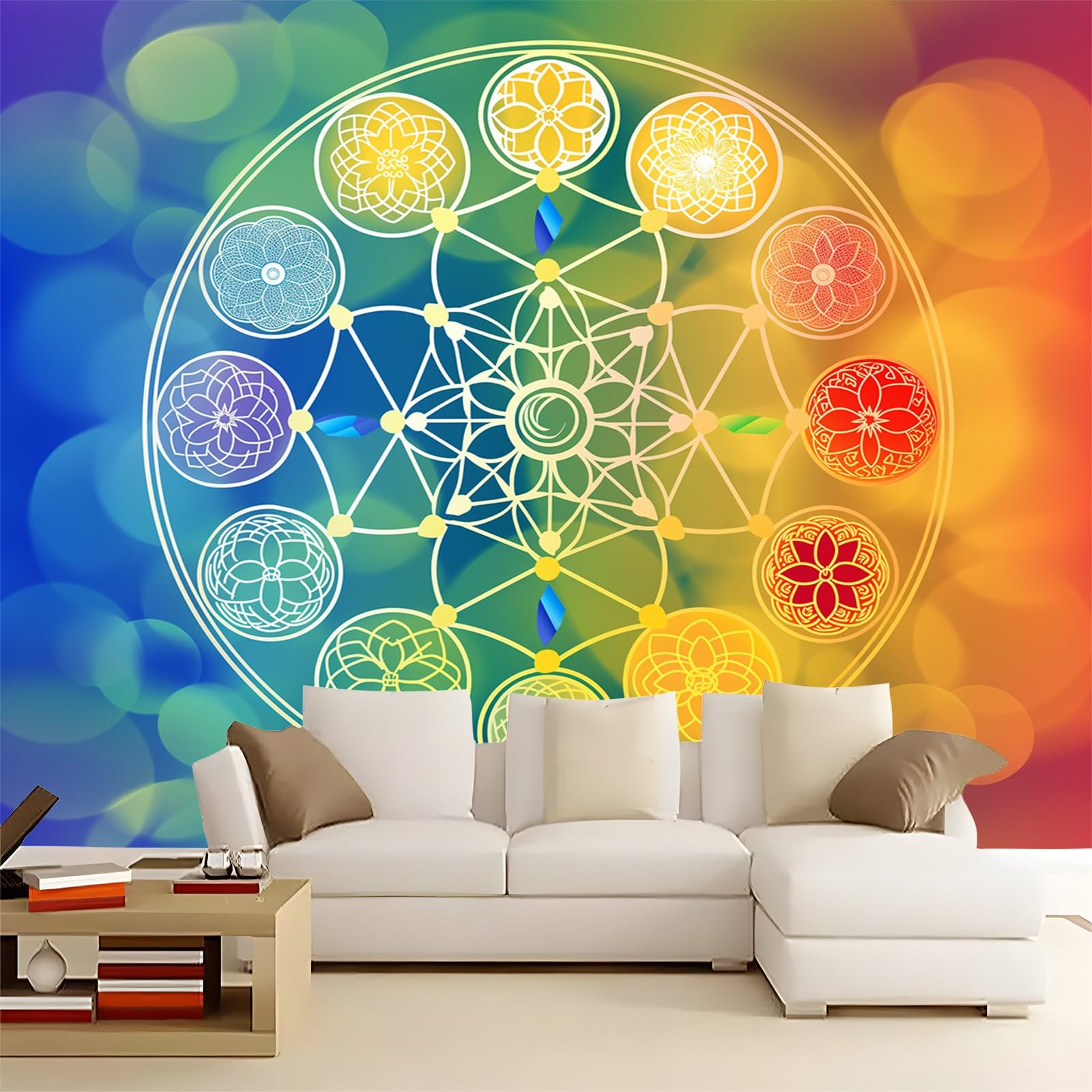 Tapeta 400 x 280 cm, tapeta z włókniny, symetryczne kształty geometryczne, dekoracja, wodoszczelna, folia ochronna na ścianę, do sypialni, salonu, tapeta ścienna, kolorowa, w zestawie poradnik
