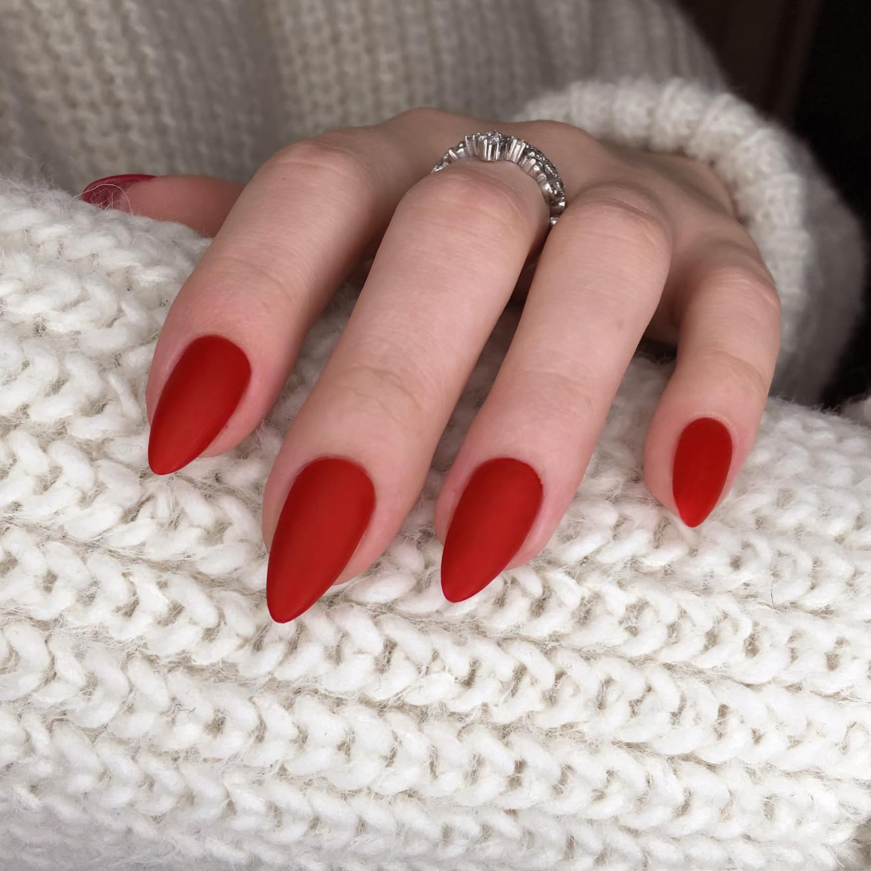 KQueenest Soft Gel Press on Nails Almond Medium, Matte Light Red False Nails Almond, Solid Color Stiletto Fake Nails Set - Image 4
