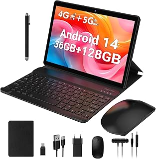 Android 14 Tablet,Tablet 10 Pulgadas con Ranura para Tarjeta Sim,36GB+128GB (TF 1TB),4G LTE y 5G WiFi,Procesador Octa-Core,1280*800 IPS,8000mAh/5MP+8MP/GPS/OTG,Tab con Teclado/Ratón/Lápiz-Gris