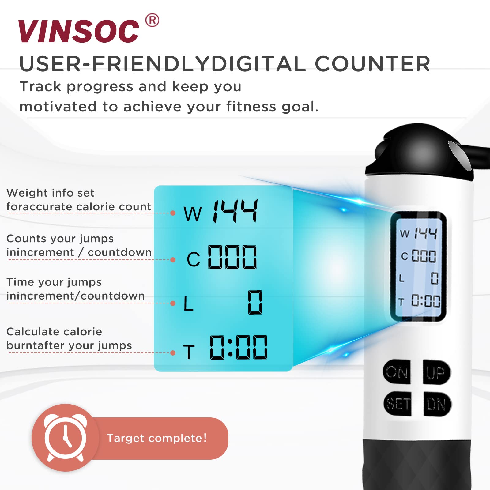 VINSOC Corde à Sauter Sans Fil Intelligente - Écran LCD, Compteur De Calories, Minuterie, Poids, Poignées Antidérapantes Silicone, Avec Ou Sans Corde, 3m De Long