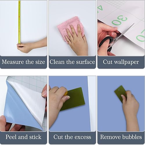 Vista 3 de Papel tapiz azul claro para despegar y pegar, 15.7 x 157 pulgadas, papel tapiz apto para inquilinos, papel de pared extraíble de vinilo de PVC