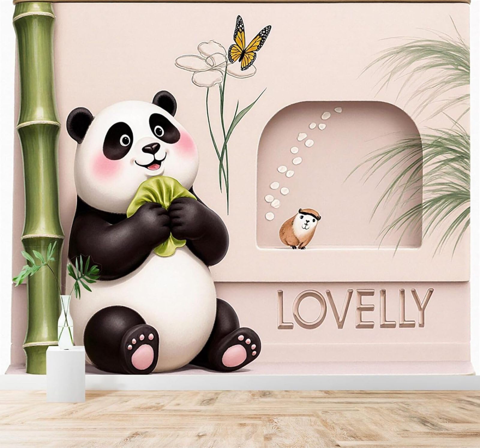 Xlming 250Cm×170Cm(B×H) Bamboo Butterfly Cute Cartoon Animal Panda 3D Wallpaper Silky Texture Home Study Office Grey Dining Room Sofa Bedroom Living Room Tv Backdrop-250Cm×170Cm