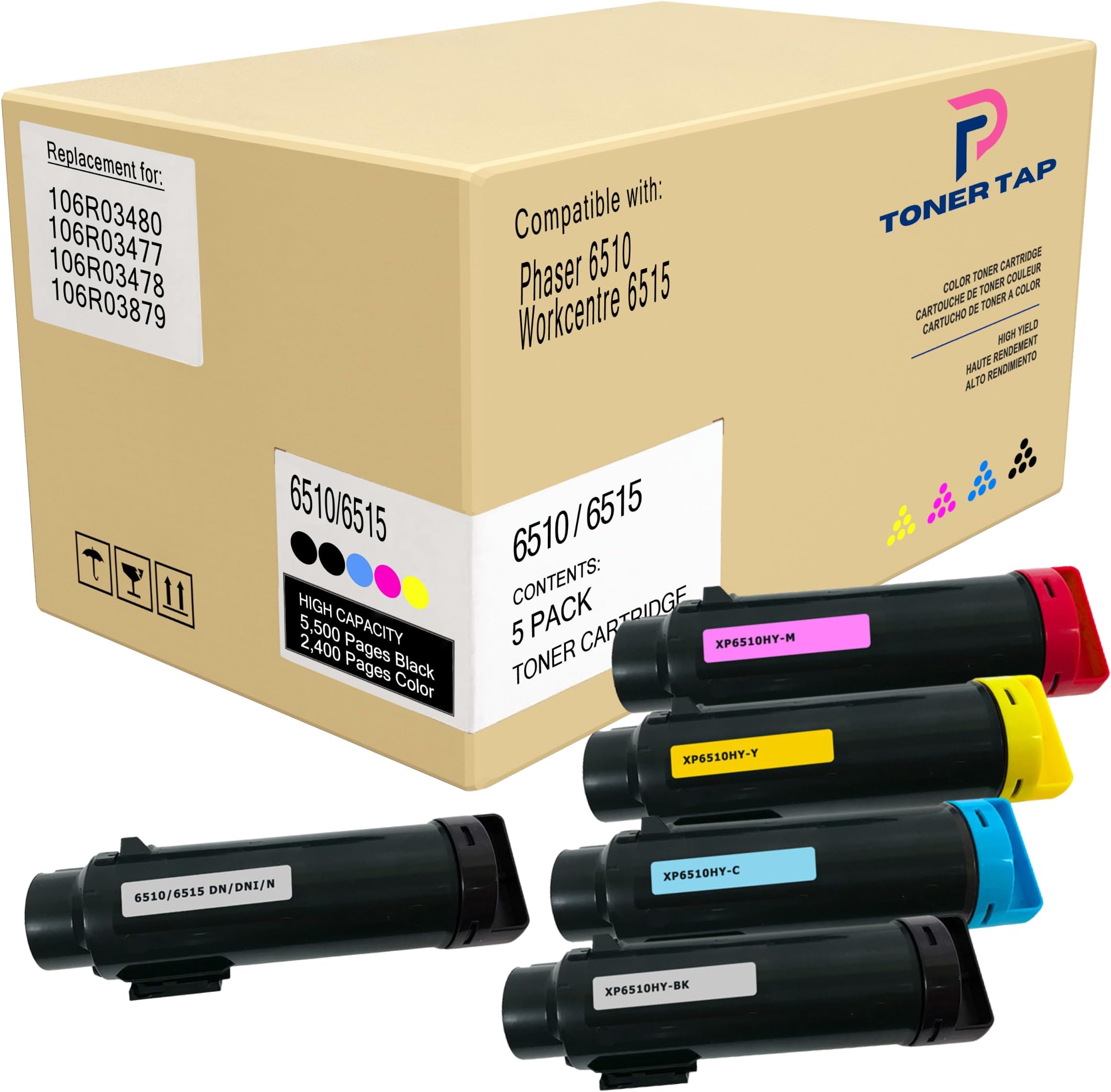 Combo Pack Toner for Xerox Phaser 6510 Workcentre 6515 Replacement for 106R03480 106R03477 106R03478 106R03479 (5-Pack, Extra-High Yield)