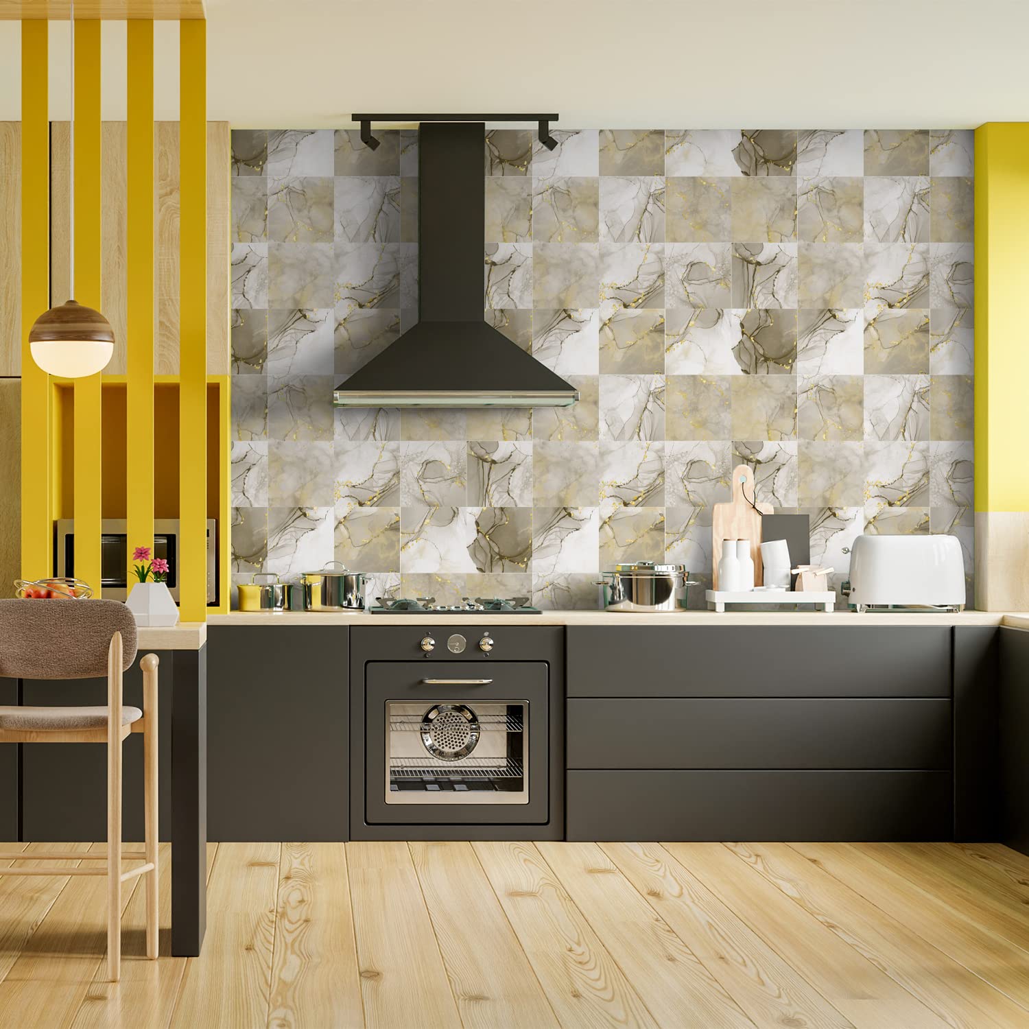 Alwayspon 24PcsX15cm/6inch Vinyl Wall Tile Sticker Transfer, Waterproof Sticky Back Tile Sticker for Kitchen Bathroom Self-adhesive Peel and Stick PVC Stick on Tile, Brown and Gold Marble Effect