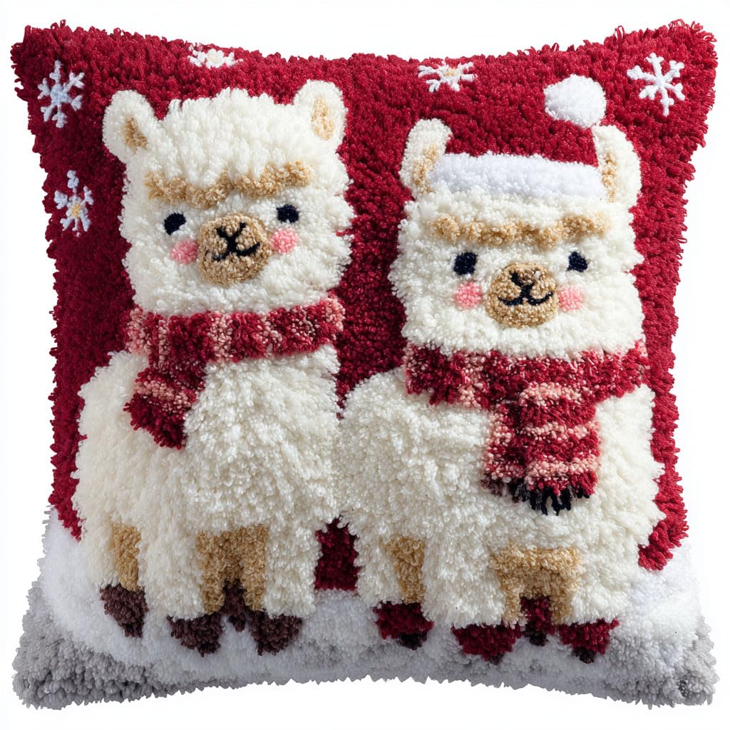 Taxpy DIY Latch Hooking Pillow Kits, Animal Alpaca Pillow Cover Preprinted Throw Pillow Needlework Crochet Yarns Latch Hook Cushion Making17x17inch