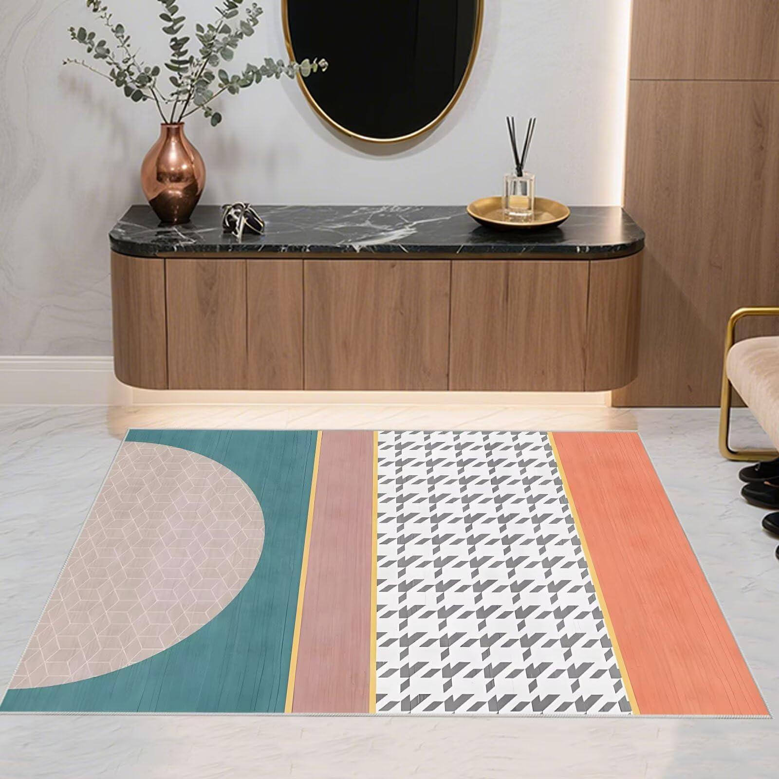 rutschfest Bettvorleger Teppich Grau Rosa 170x240cm, Gummiunterseite Gross Moderne geometrische Muster für die Umkleidekammer im Wohnzimmer