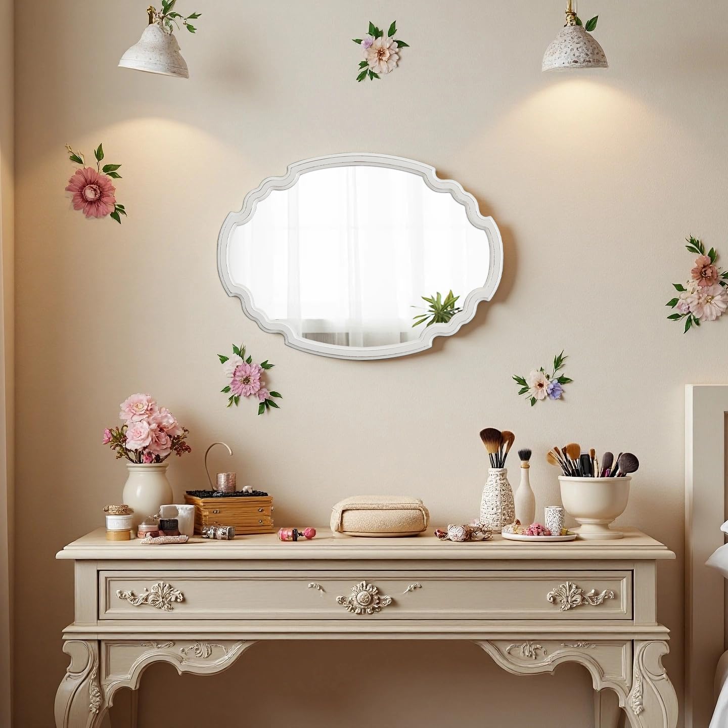 Rustic Oval Mirror 22 X 30 Inch, Hanging Distressed White Scalloped Wood Framed Vintage Mirrors for Wall Decor, Farmhouse Mirror Wall Decor for Bathroom Hallway, Horizontal or Vertical