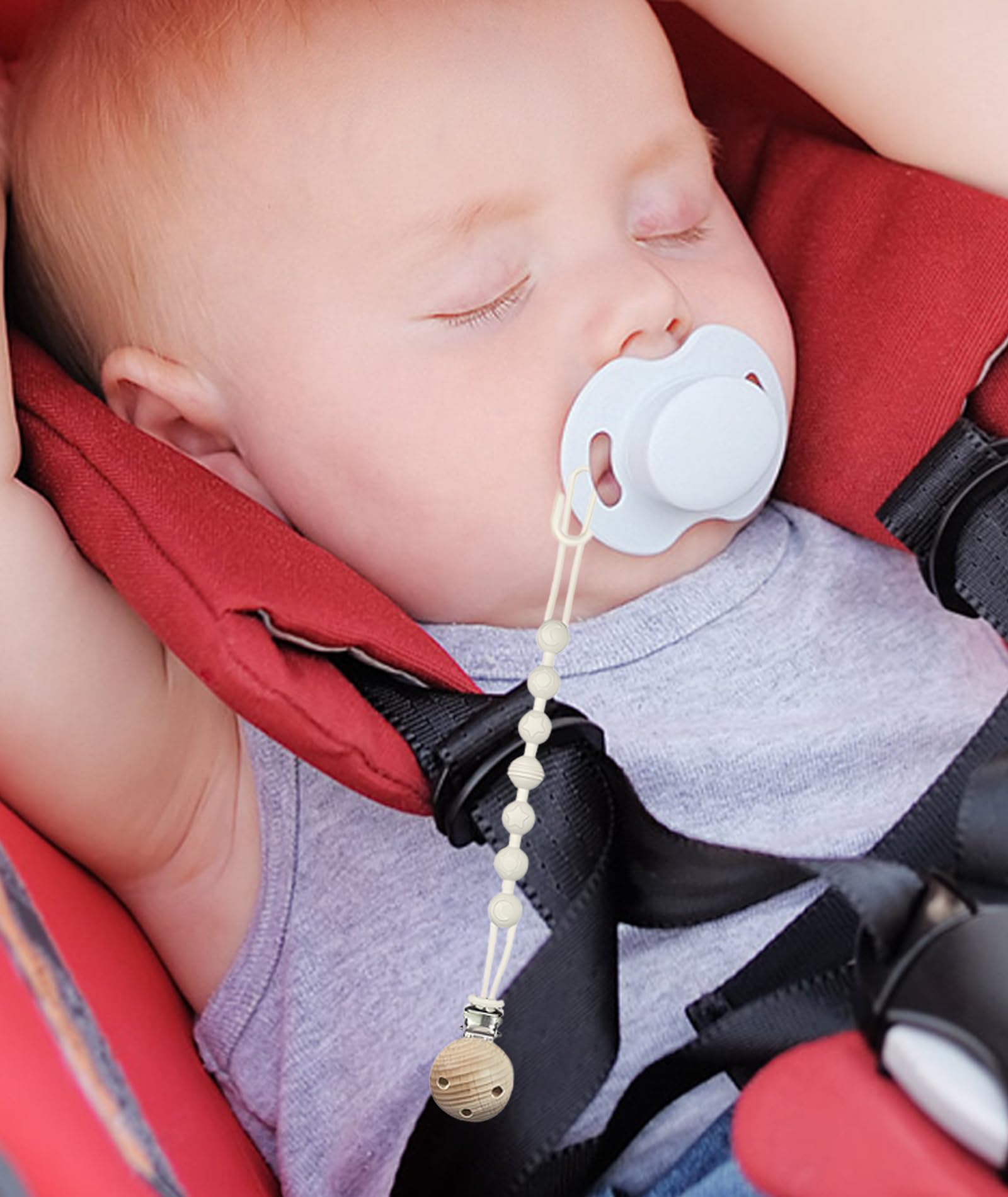 2PCS Pacifier Chain, Pacifier Holder Chain for Baby, White + Blue Wooden Clip Silicone Teether, Secure Attachment for Newborns & Toddlers, Convenient for Home & Outdoor Use - Image 4 thumbnail