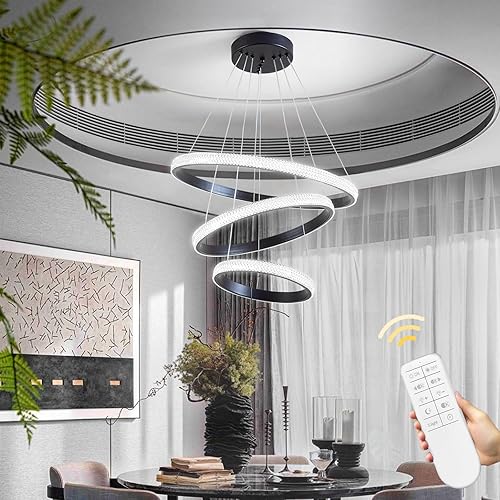 O'NEELDY Candelabro de cristal negro de 3 anillas, regulable, moderno, LED, lámpara colgante para dormitorio, cocina, comedor