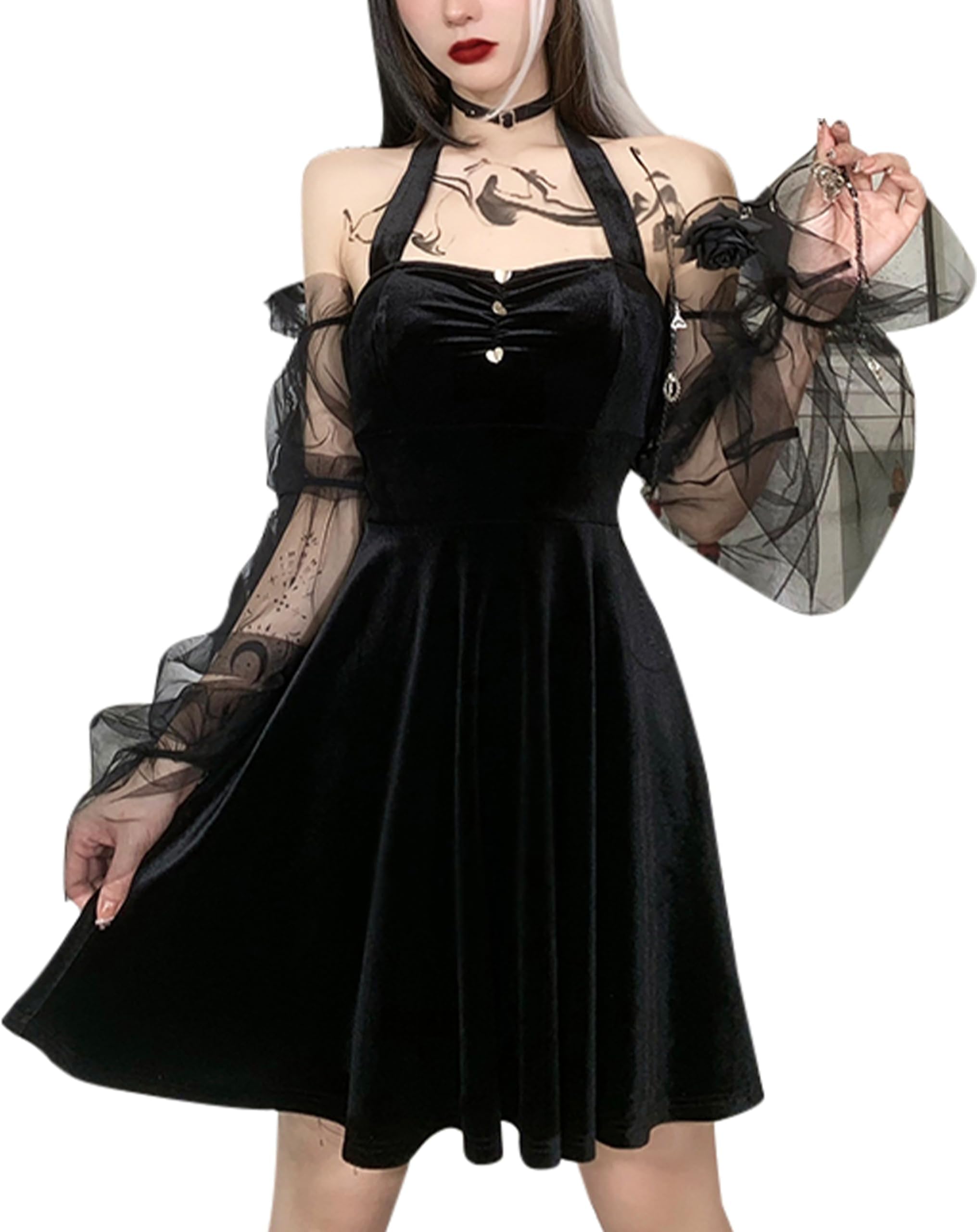 Women Halter Dress Long Sheer Lantern Sleeve Velour Short Dresses