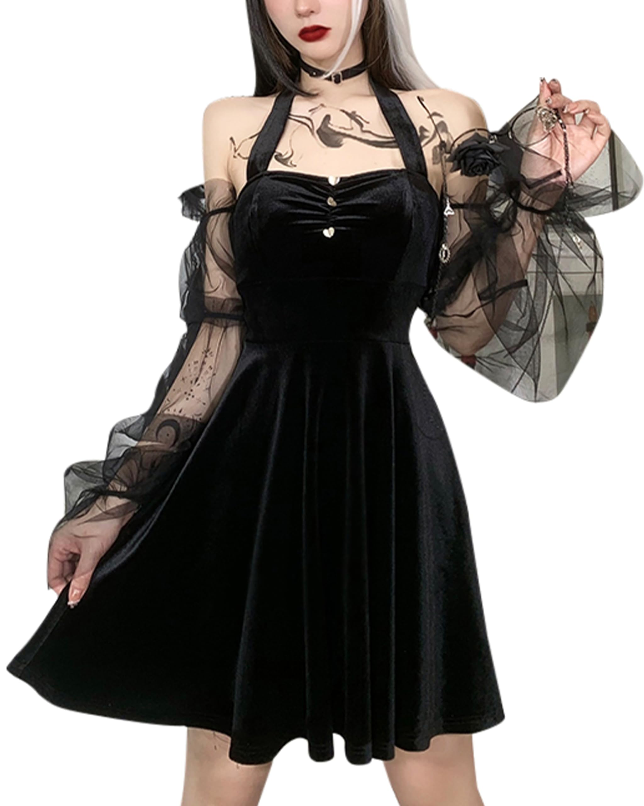 Gothic Dress Women Halter Off Shoulder Sheer Long Puff Sleeve Backless Dress Halloween Velvet Vintage Dresses