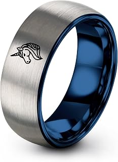 Gift for Unicorn Fan - Unicorn Ring - Yellow Rose Gold Blue Silver - Brushed Polished - Personalized Custom Engraving - Band - Flat Dome Bevel - Men Women - Anniversary Wedding - Tungsten - 8mm