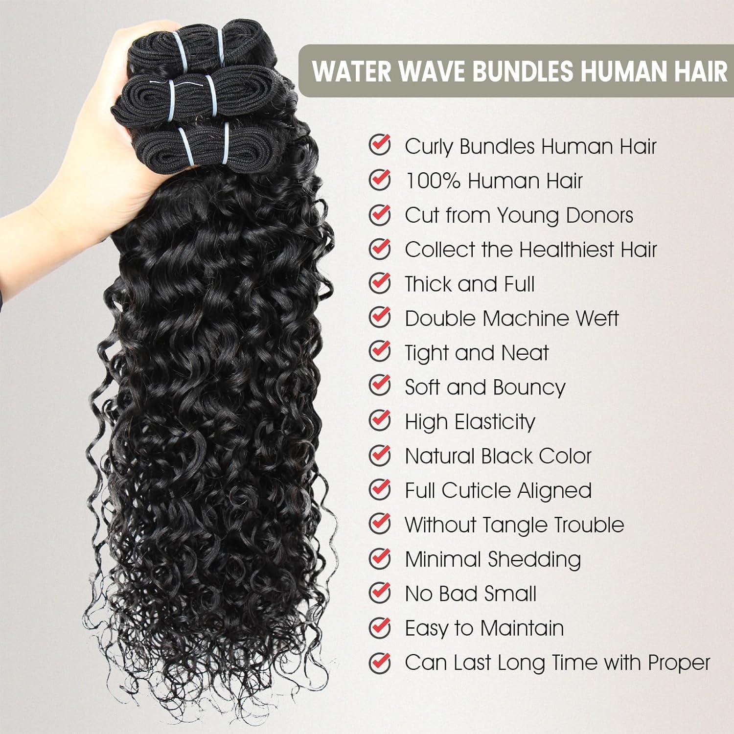 100% Virgin Human Hair Water Wave Bundles 18 20 22 24 12A Brazilian Curly, Unprocessed Remy Natural Black Wet and Wavy Extensions