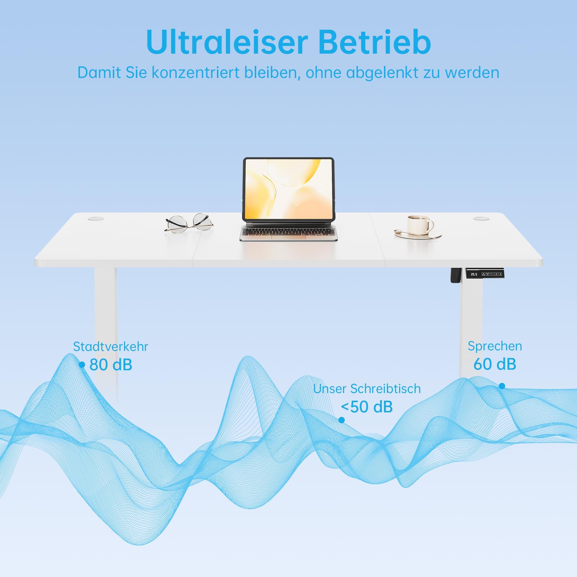 Zstar Elektrischer Schreibtisch höhenverstellbar mit Memory | 120 × 60 cm, 3 Speicherpositionen, Steh-Sitz-Tisch mit 2 Haken für Büro und Wohnzimmer