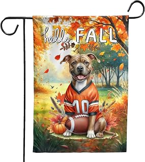 Hello Fall Pitbull Football Welcome Autumn with Leaves Pumpkins Garden Flag 12x18in Double Sided American Pit Bull Terrier Dog Lover Gifts Outdoor Decor - 012