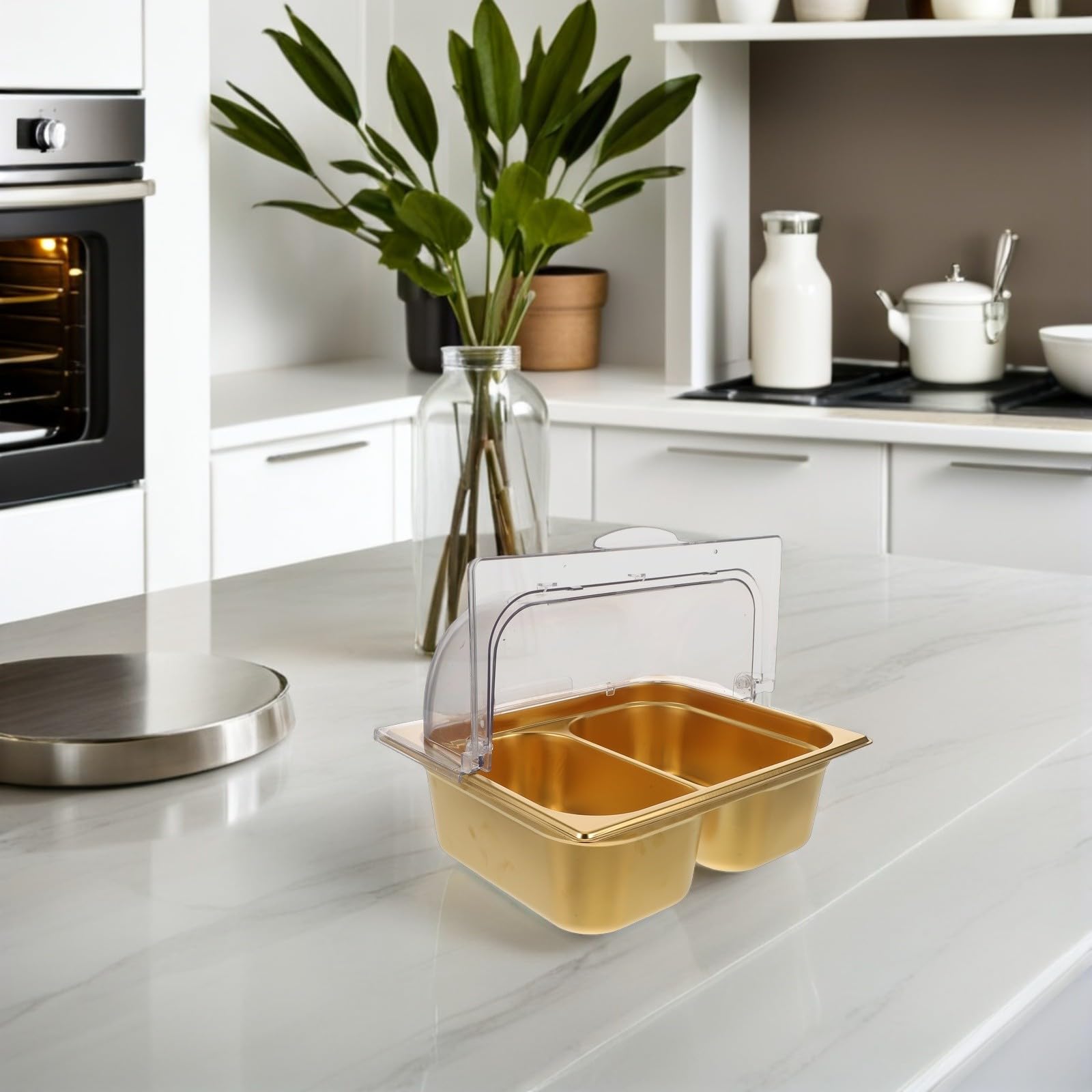 Plat de Service en Acier Inoxydable Double Compartiment pour Buffet | Finition Or, Séparation des Aliments, Nettoyage Facile, Usage Traiteur Cuisine Professionnelle