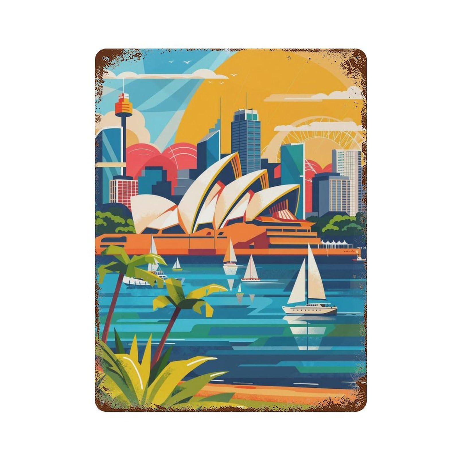 Sydney Skyline Illustration Vintage Metal Tin Sign 15.7"x11.8", Ideal for Patio, Garden Room And Bar Decor